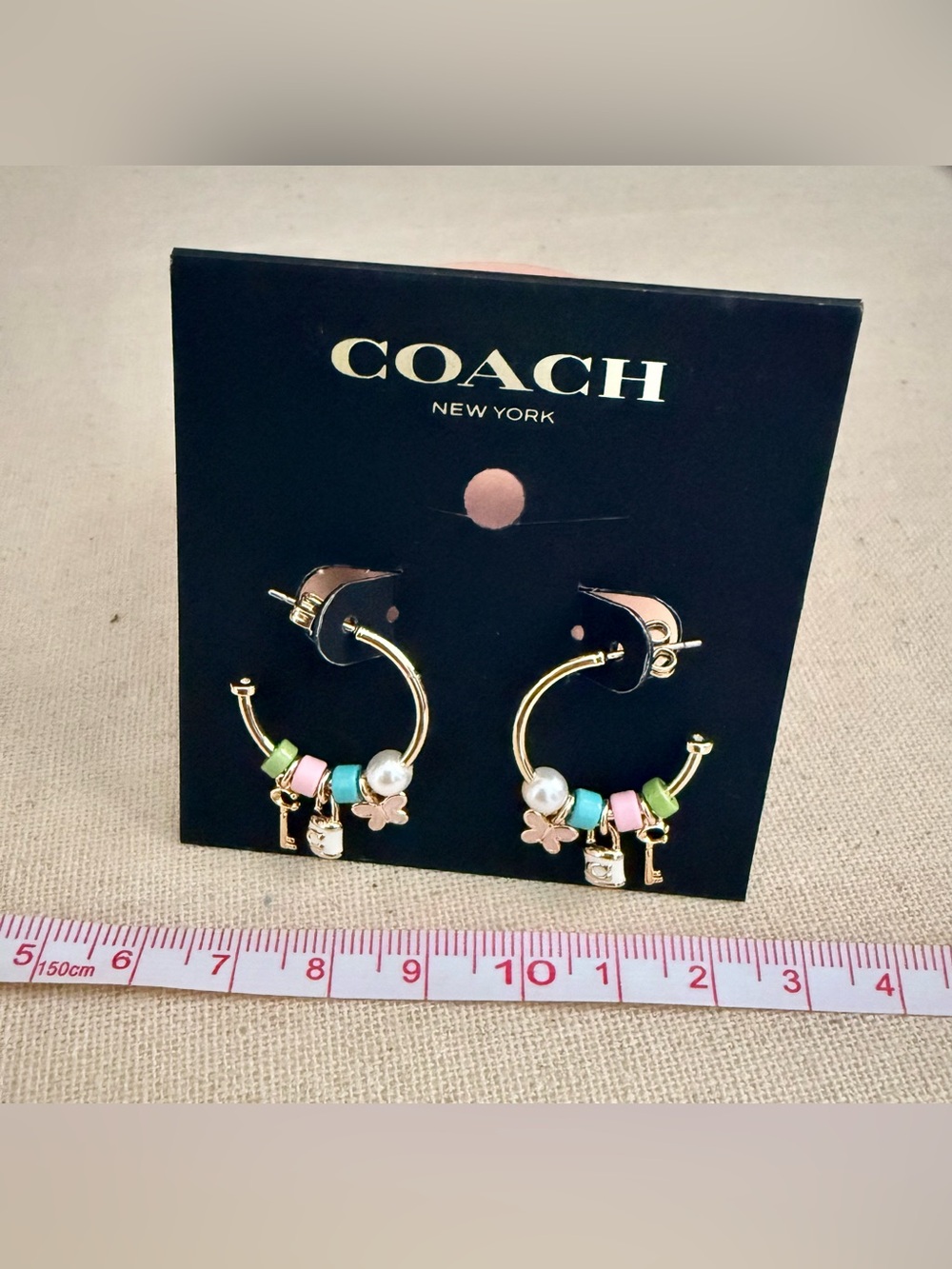 Coach Gold Hoop Earrings with Pink, Blue, Green Beads and Pearl Charm NEW!! - Picture 2 of 6